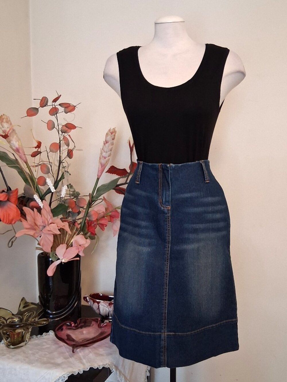 Quality Stretch Blue Denim Midi Jean Skirt– Knee Length Chic Casual Skirts 16